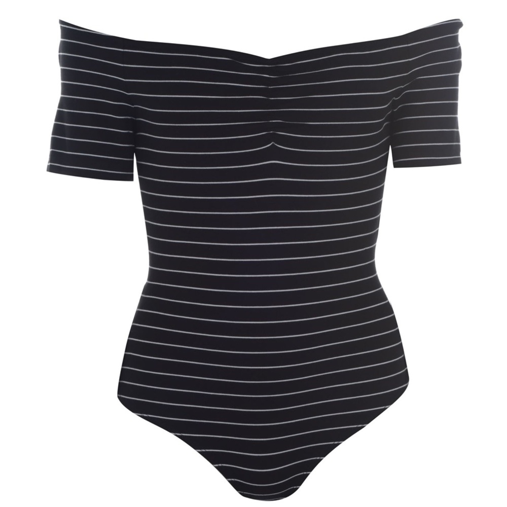 Kendall & Kylie Black and White Striped Off Shoulder Bodysuit XS